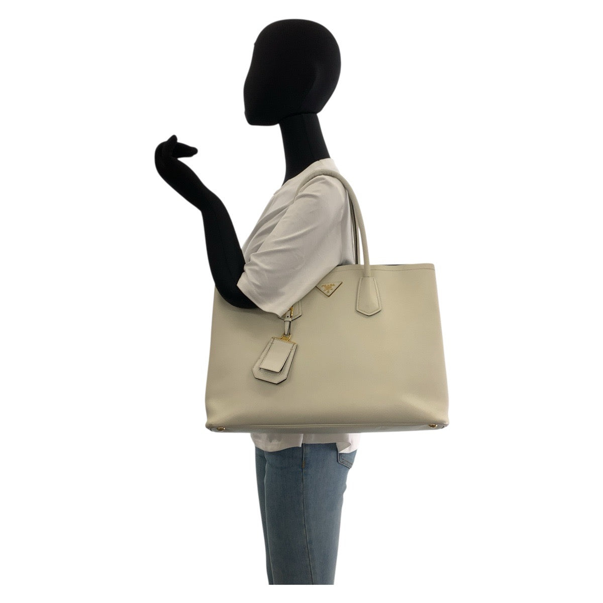 PRADA Tote Bag leather Ivory Safiano Triangle With logo