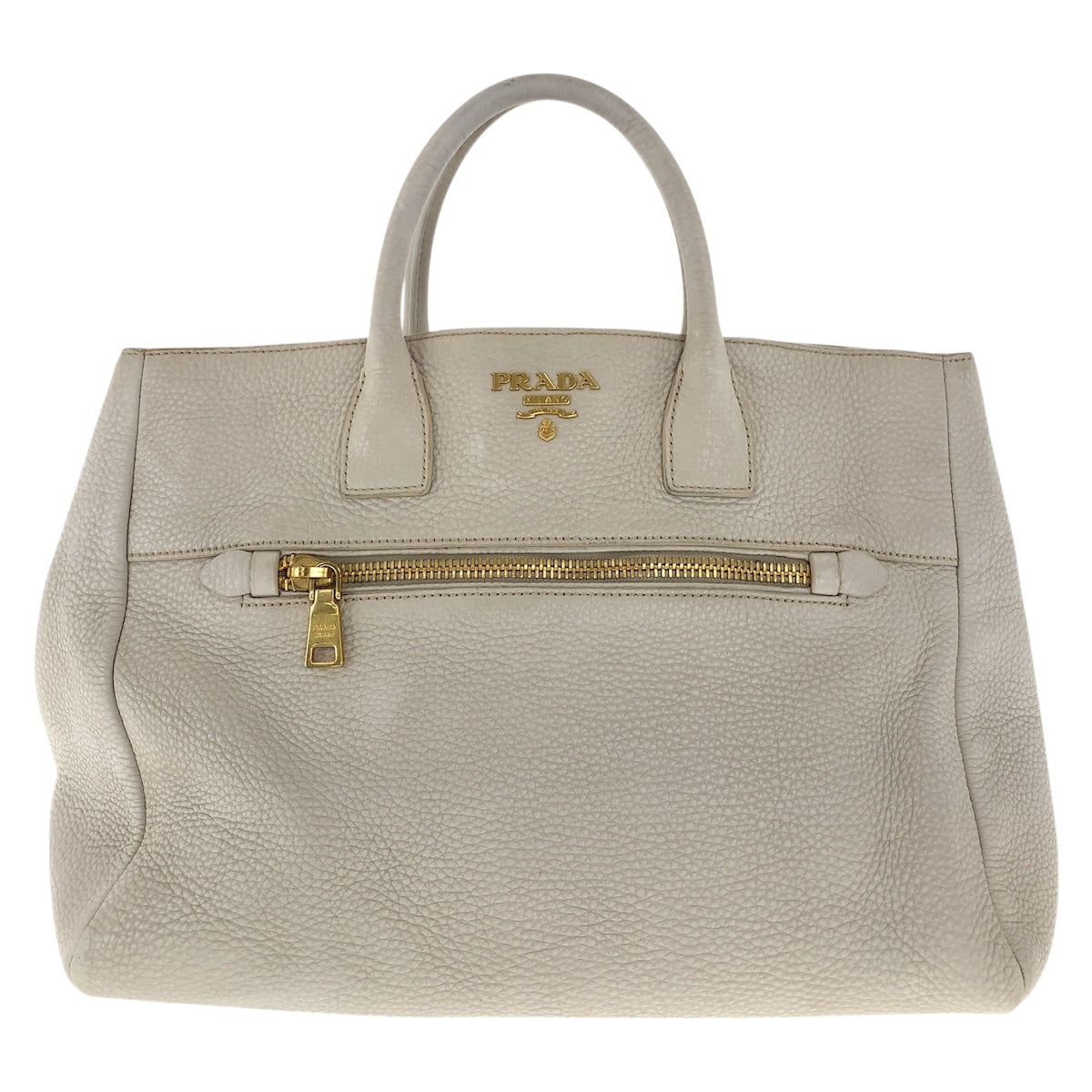 PRADA Tote Bag leather Off-White Ivory Gold Metal Vitello
