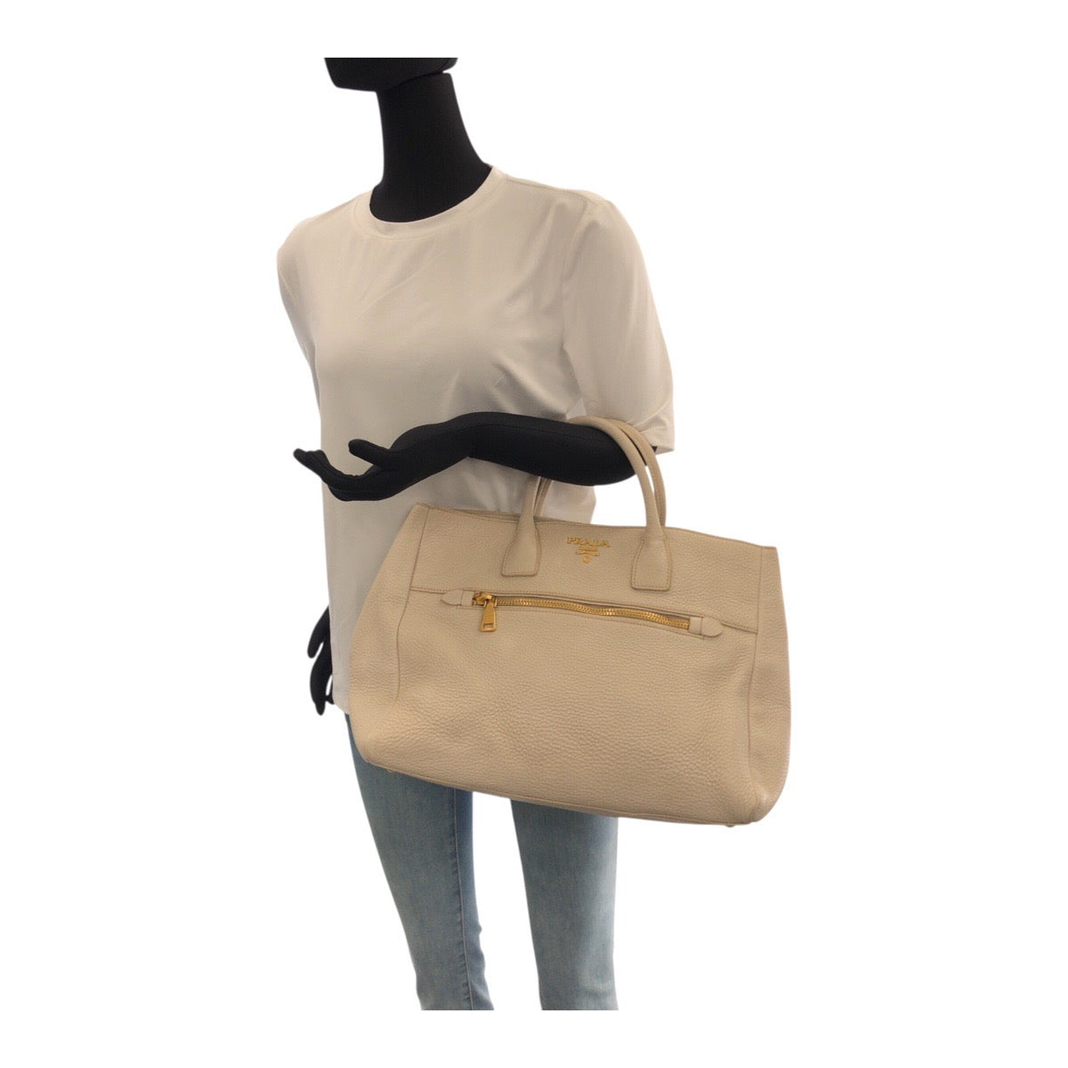 PRADA Tote Bag leather Off-White Ivory Gold Metal Vitello