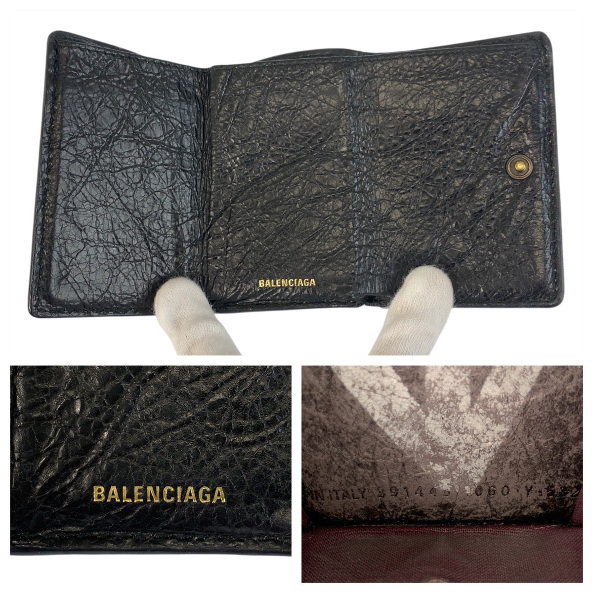 BALENCIAGA Tri-fold wallet 891445 1060 Y 532244 leather Black black Graffiti Paper mini