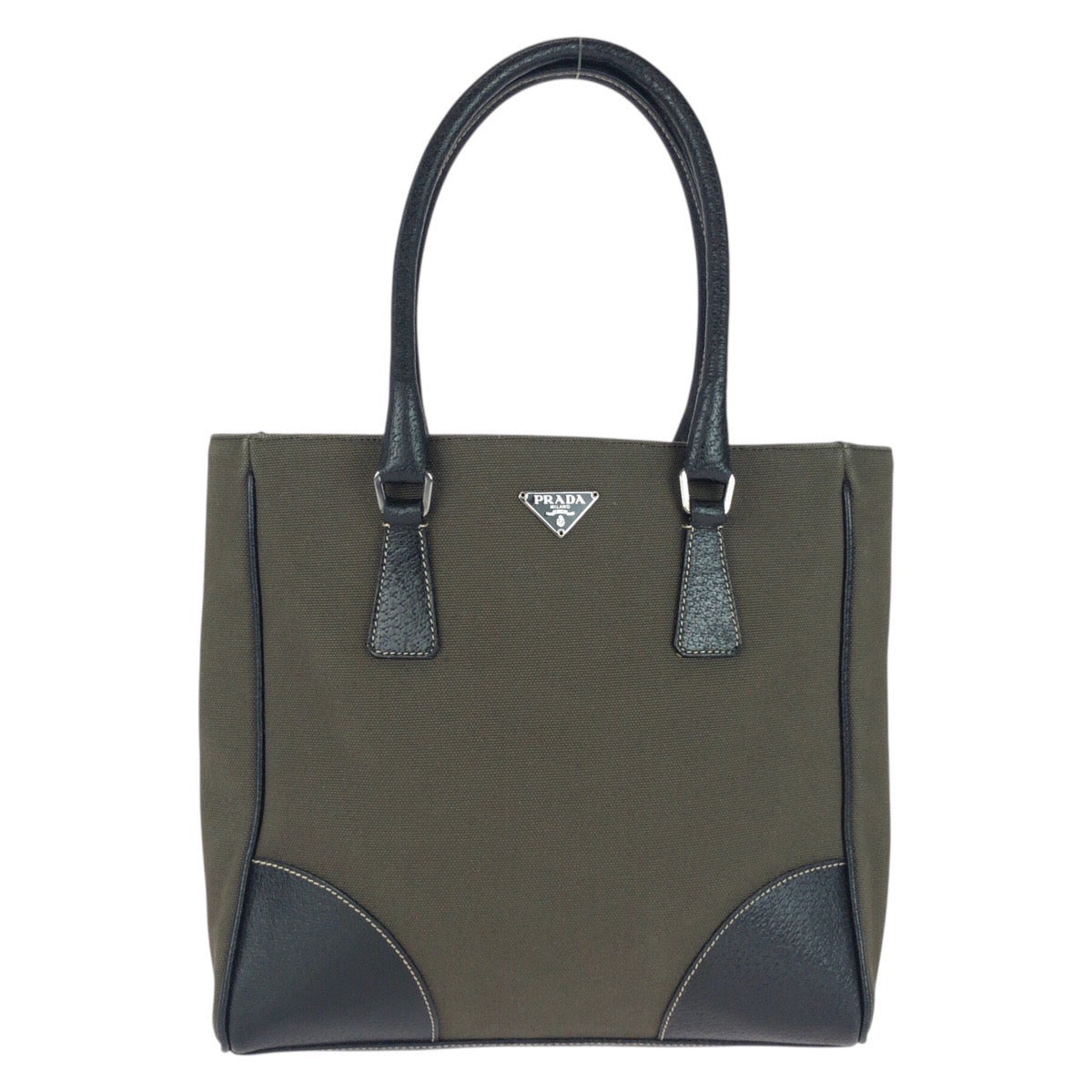 PRADA Tote Bag canvas Khaki Black SilverMetal Triangle With logo