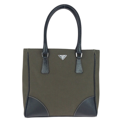 PRADA Tote Bag canvas Khaki Black SilverMetal Triangle With logo