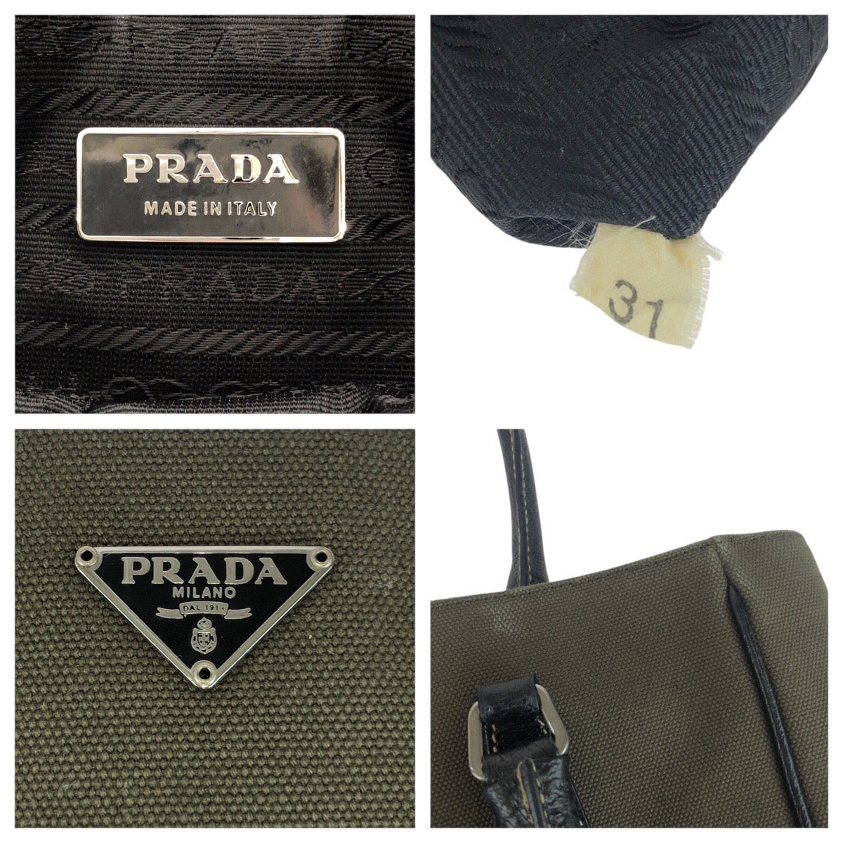 PRADA Tote Bag canvas Khaki Black SilverMetal Triangle With logo