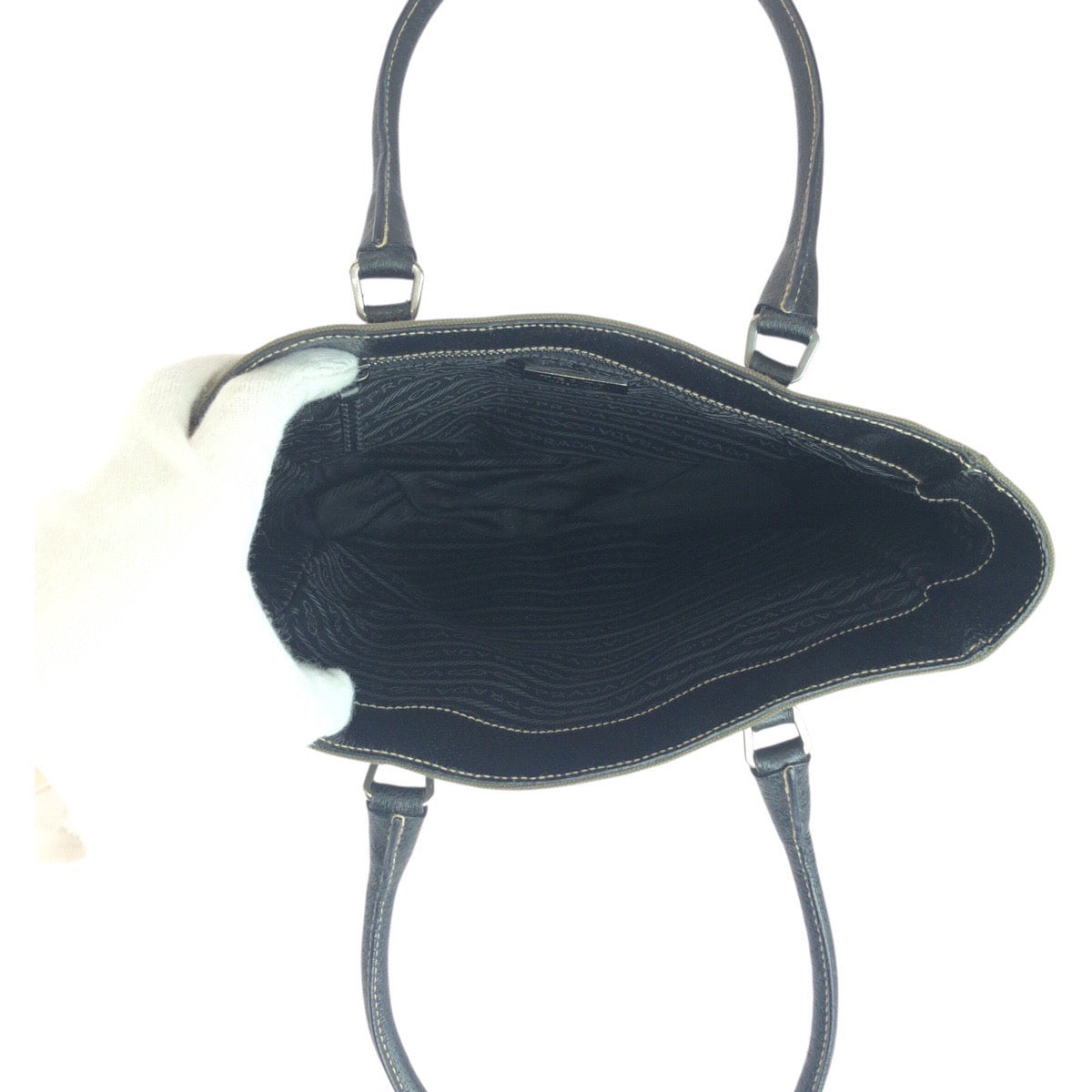 PRADA Tote Bag canvas Khaki Black SilverMetal Triangle With logo