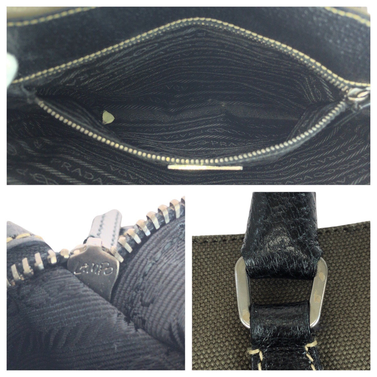 PRADA Tote Bag canvas Khaki Black SilverMetal Triangle With logo