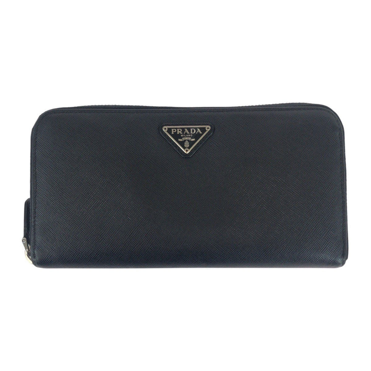 PRADA Long Wallet Purse leather Black SilverMetal Safiano Triangle With logo