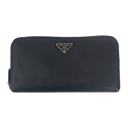 PRADA Long Wallet Purse leather Black SilverMetal Safiano Triangle With logo