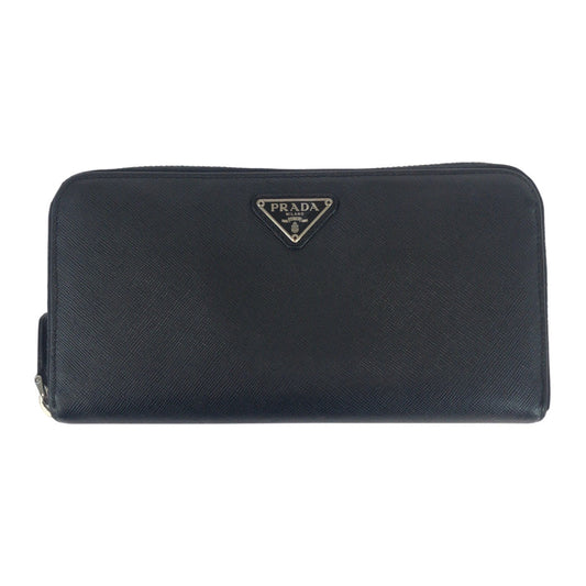 PRADA Long Wallet Purse leather Black SilverMetal Safiano Triangle With logo