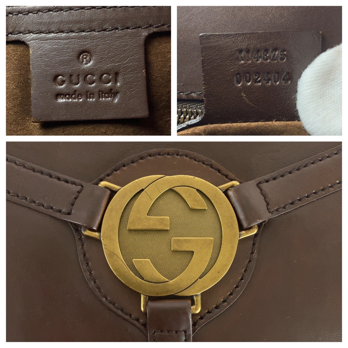 GUCCI Tote Bag 114875 leather Brown Gold Metal Interlocking Old Gucci
