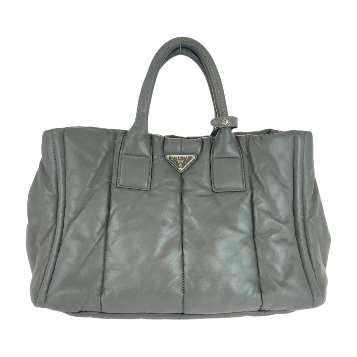 PRADA Tote Bag leather Grey SilverMetal Triangle With logo Nappa bomber