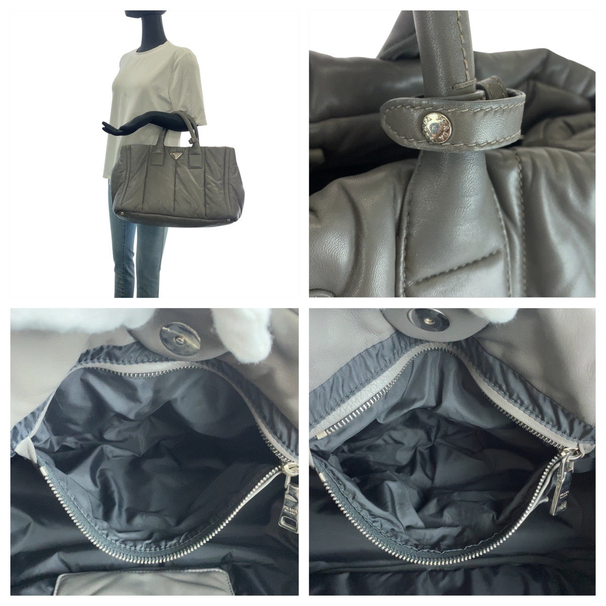 PRADA Tote Bag leather Grey SilverMetal Triangle With logo Nappa bomber