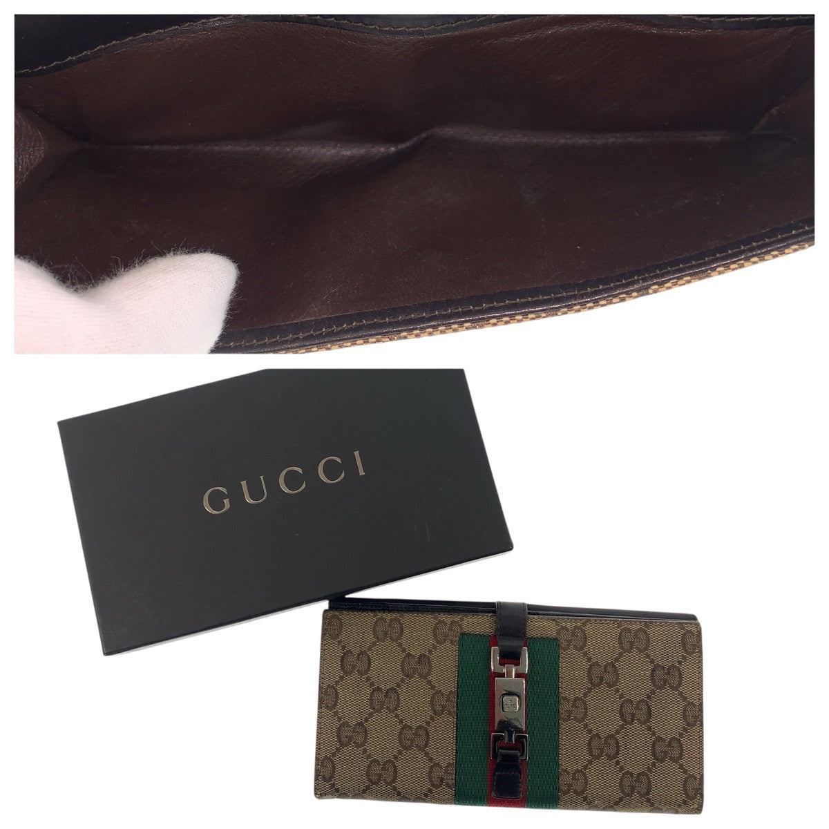 GUCCI Long Wallet Purse 035 0416 2134 GG canvas Beige Dark Brown Silver Jackie Shelly Line
