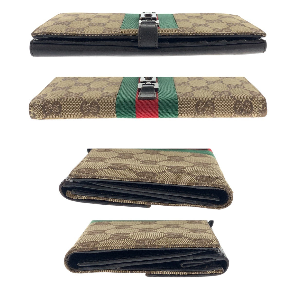 GUCCI Long Wallet Purse 035 0416 2134 GG canvas Beige Dark Brown Silver Jackie Shelly Line