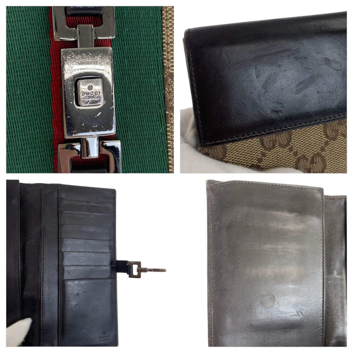 GUCCI Long Wallet Purse 035 0416 2134 GG canvas Beige Dark Brown Silver Jackie Shelly Line