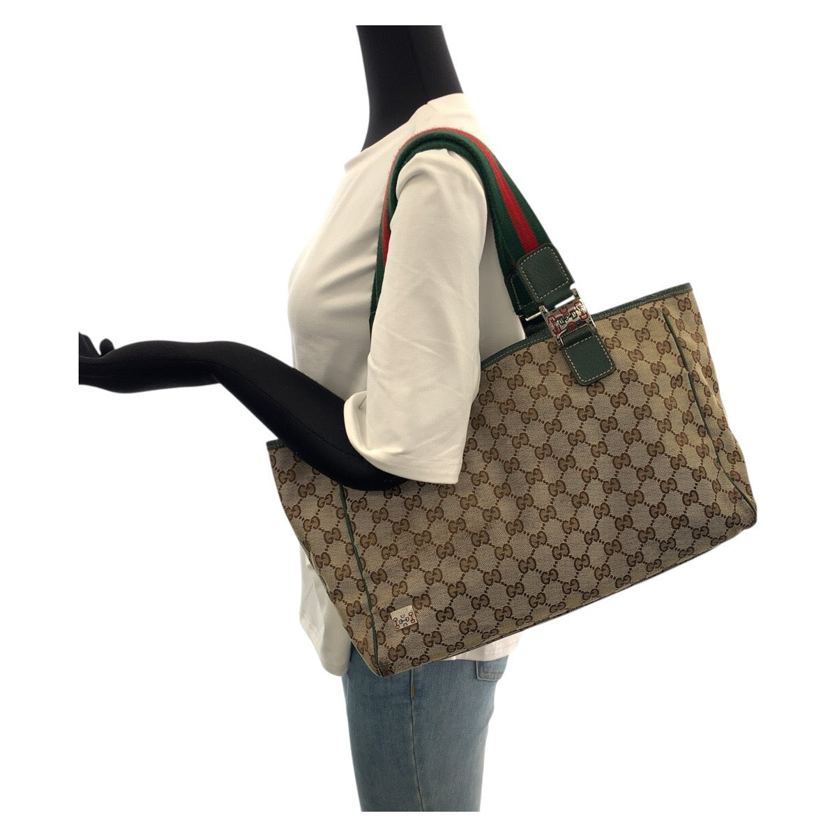 GUCCI Tote Bag 145758 GG canvas Beige Green Silver Sherry line