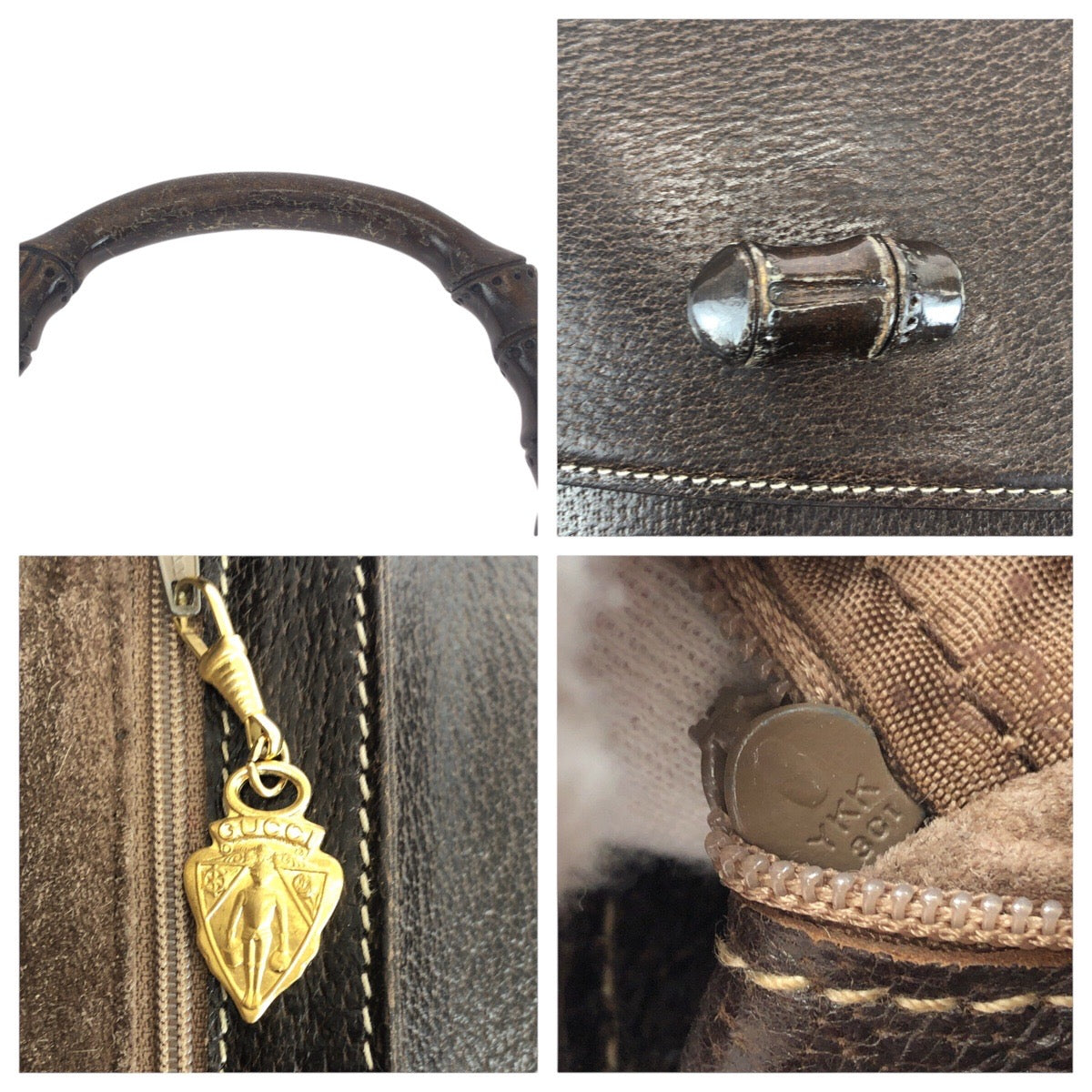 GUCCI Handbag 000 406 0147 leather Brown Gold Metal Old Gucci Bamboo