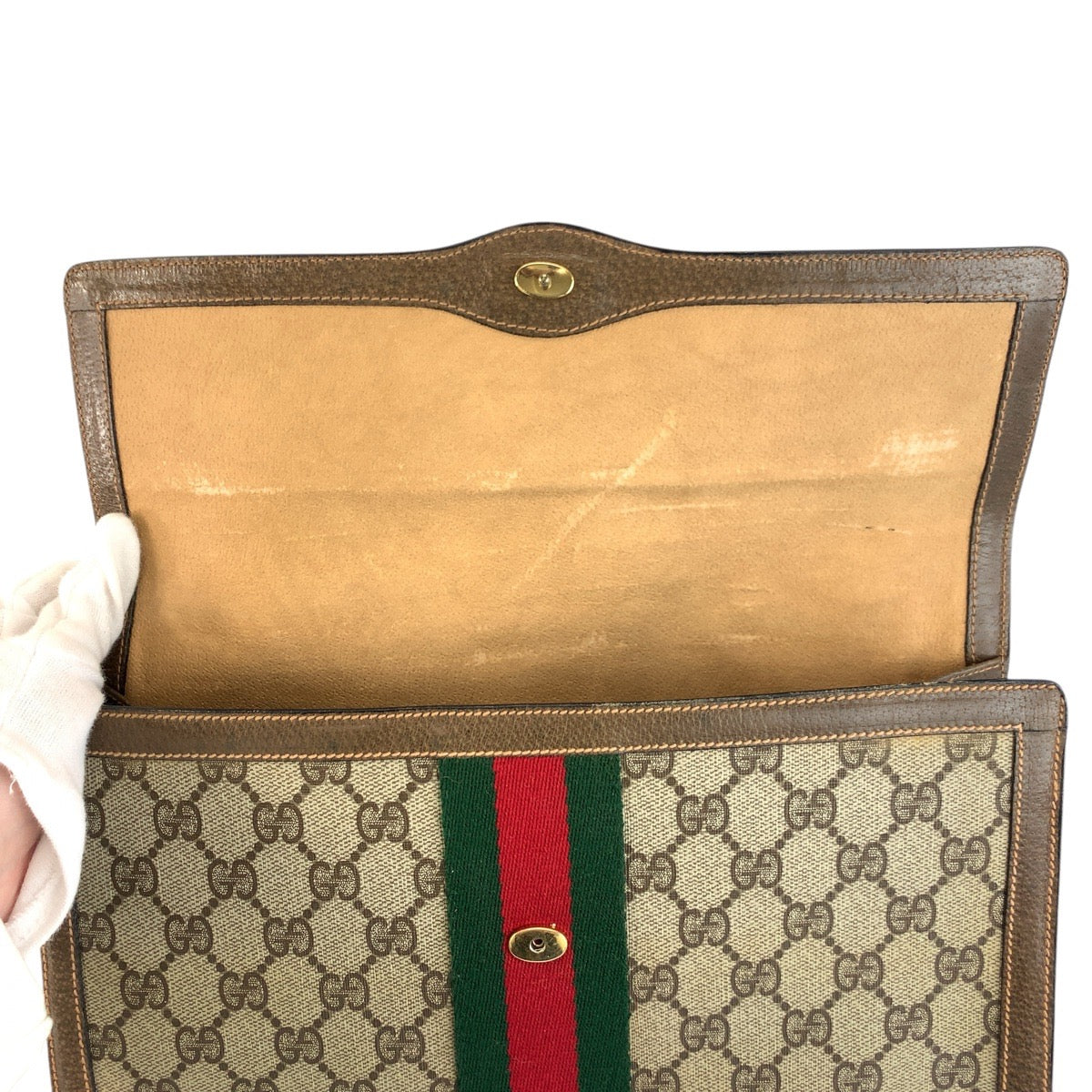 GUCCI Clutch bag 89 01 007 GG Supreme Canvas Beige Gold Metal Sherry line