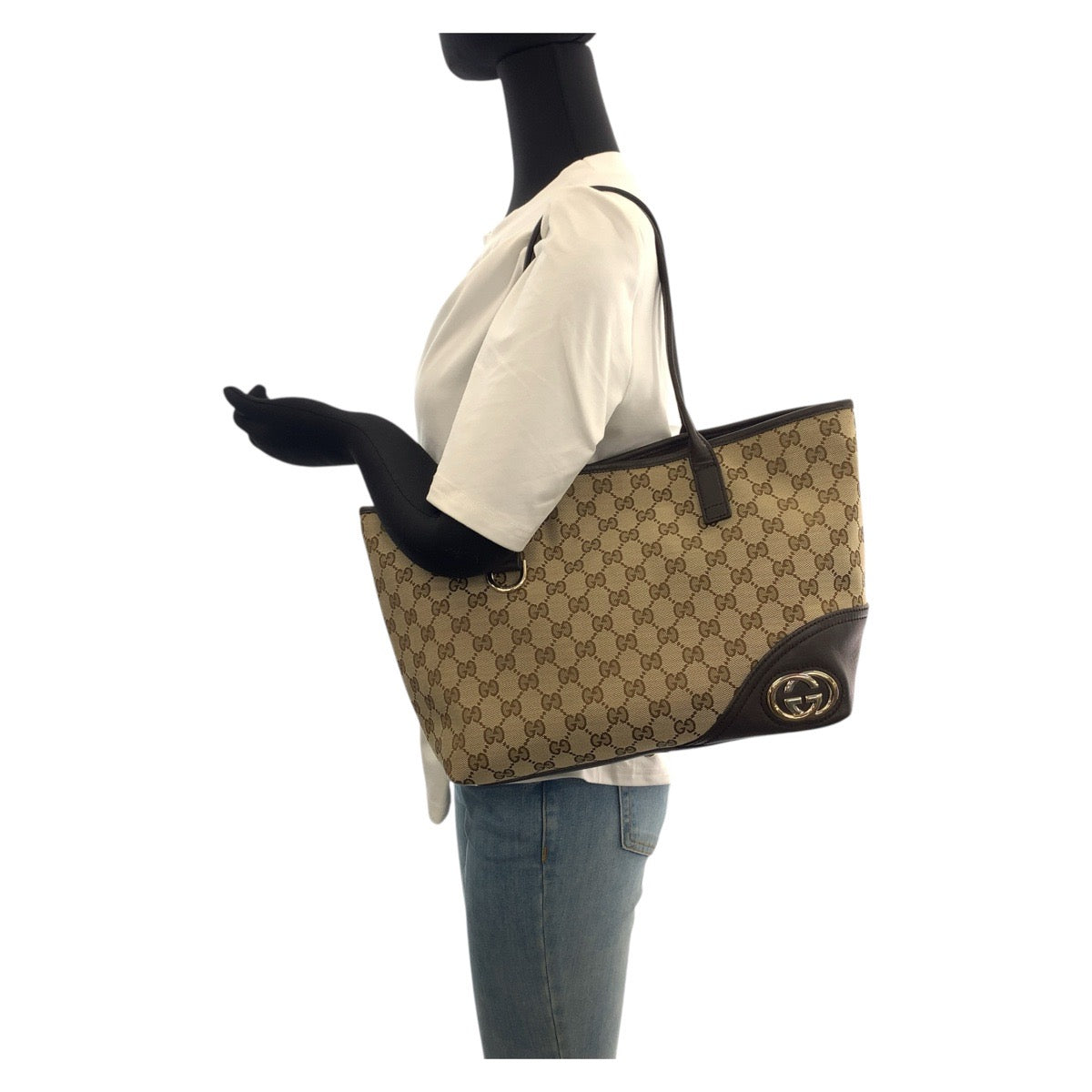 GUCCI Tote Bag 169946 GG canvas Beige Dark Brown Gold Metal Newbrit