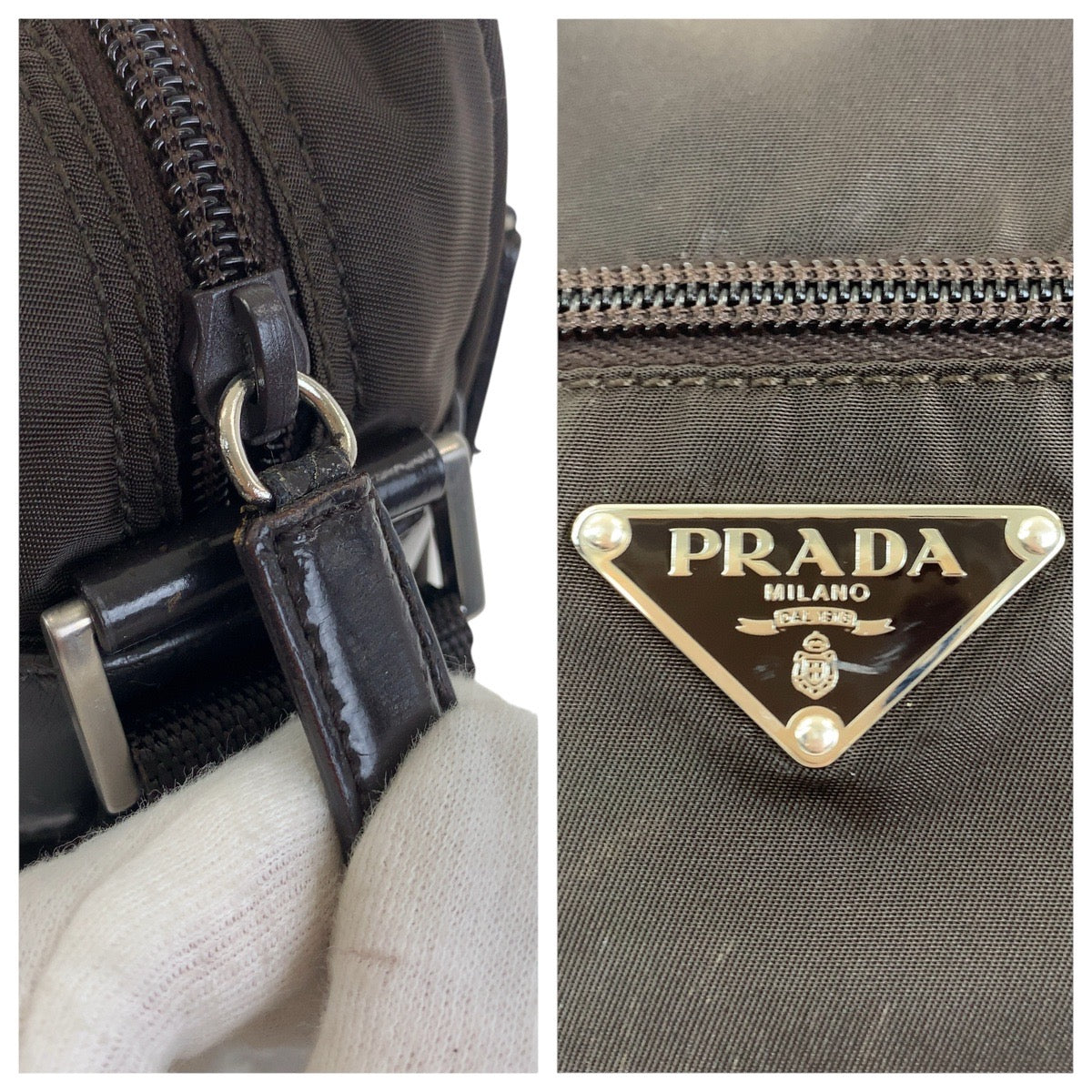 PRADA Shoulder Bag Nylon Brown Silver Metal Test Triangle With logo