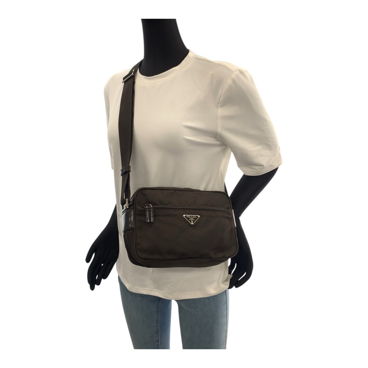 PRADA Shoulder Bag Nylon Brown Silver Metal Test Triangle With logo