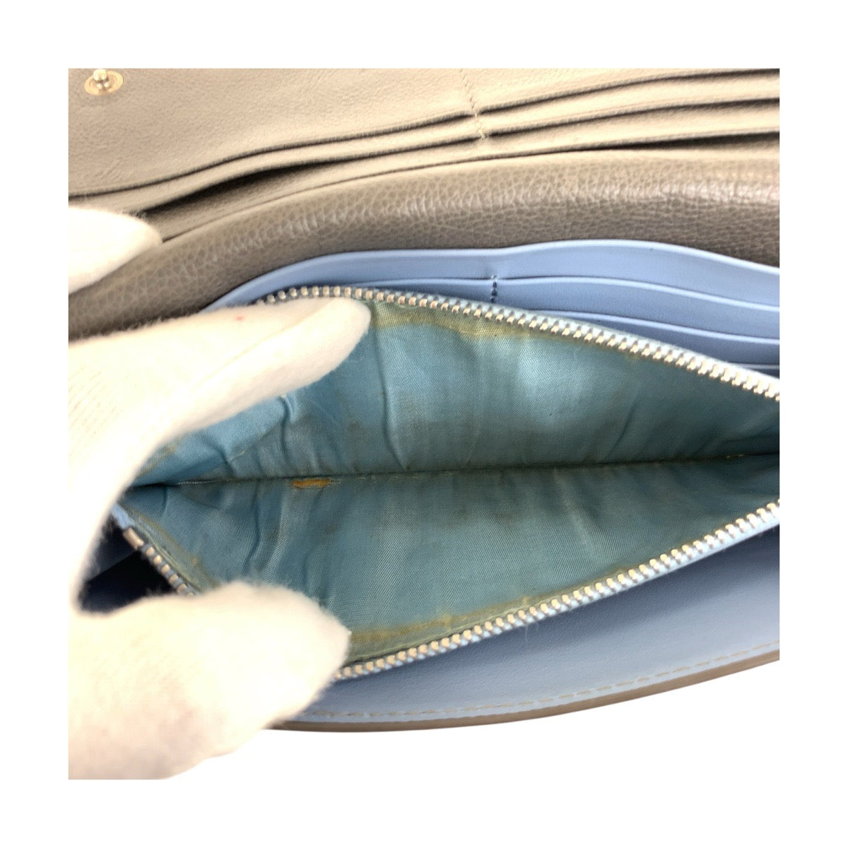 PRADA Long Wallet Purse leather Gray Light Blue Silver