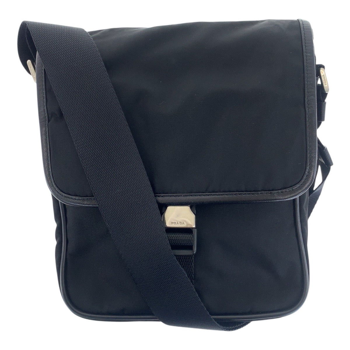 PRADA Shoulder Bag Nylon Black SilverMetal Testo Saffiano Triangle With logo