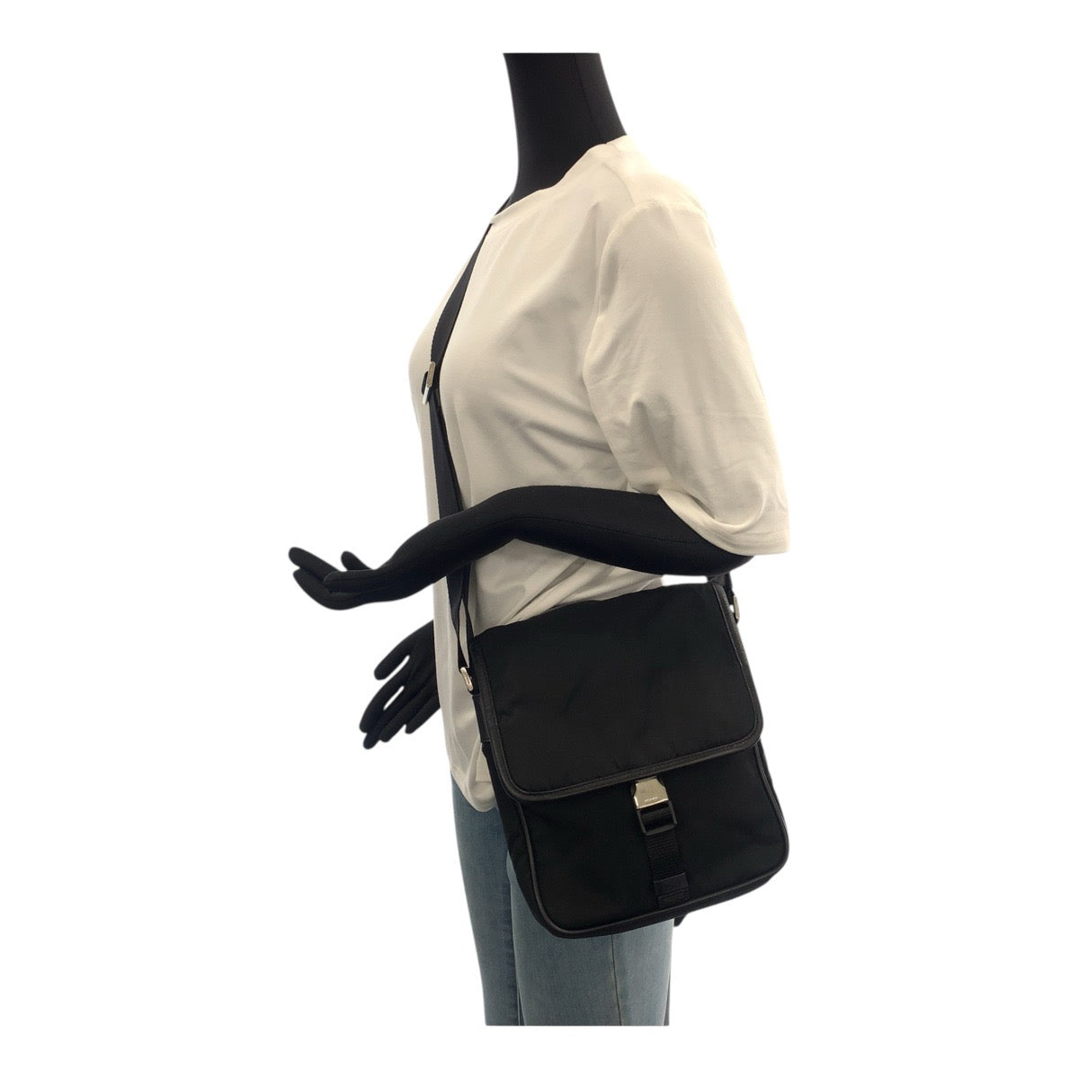 PRADA Shoulder Bag Nylon Black SilverMetal Testo Saffiano Triangle With logo