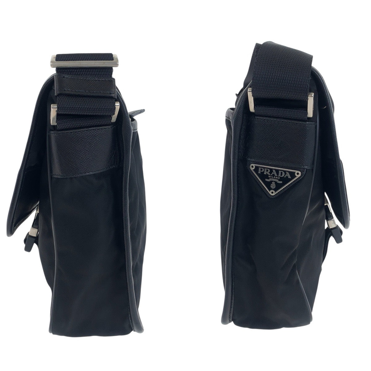 PRADA Shoulder Bag Nylon Black SilverMetal Testo Saffiano Triangle With logo