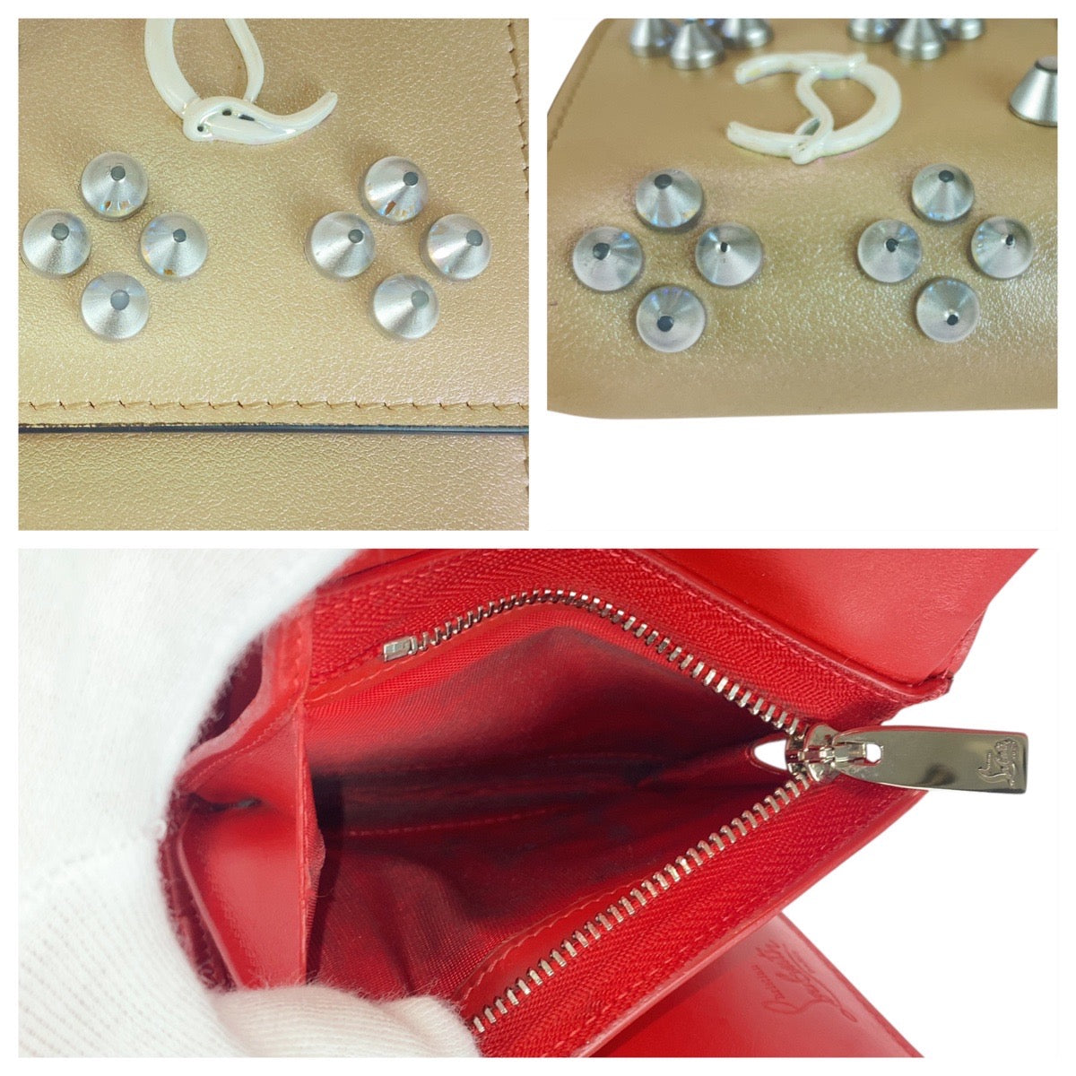 Christian Louboutin Tri-fold wallet leather Beige Champagne Silver Studs Rubifold Wallet