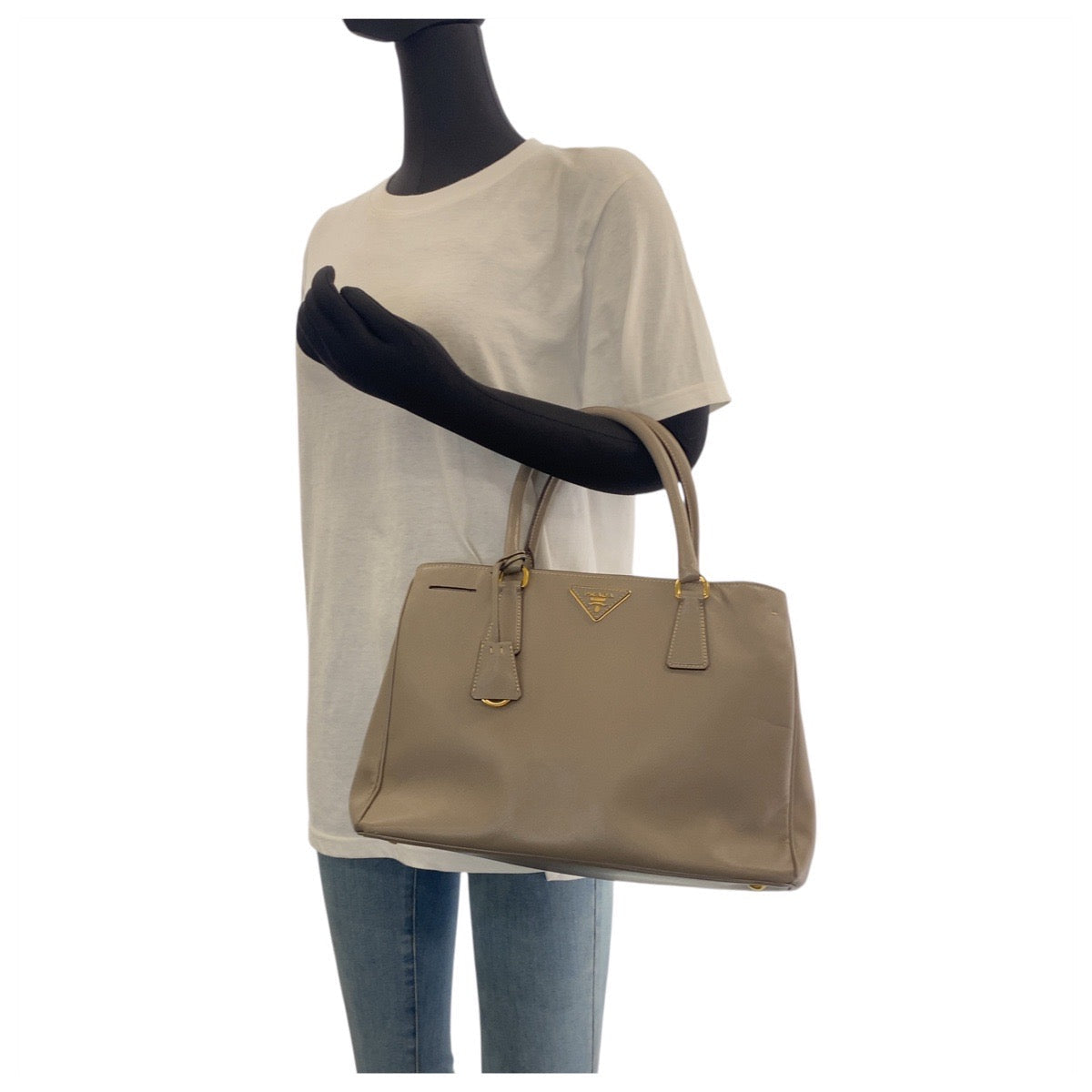 PRADA Handbag leather Greige Gold Safiano Triangle With logo