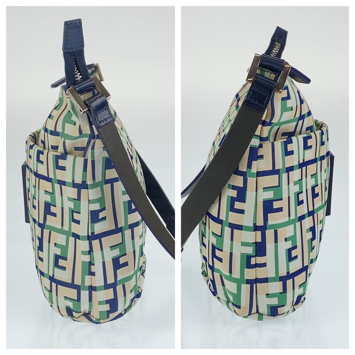 FENDI Shoulder Bag canvas Green Pink Navy Zucca Pattern FF logo