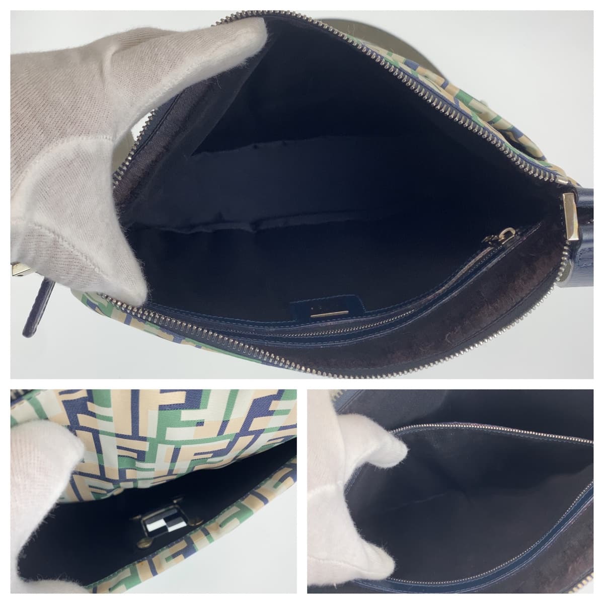 FENDI Shoulder Bag canvas Green Pink Navy Zucca Pattern FF logo