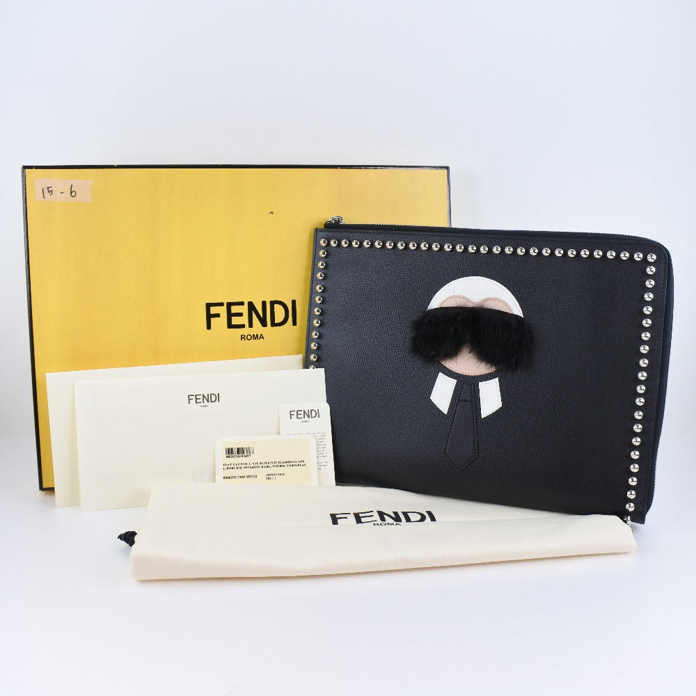 FENDI Clutch bag 8M0370 7MP F0V3X leather black Karl Lagerfeld Studs carlito flat clutch Women Used Authentic
