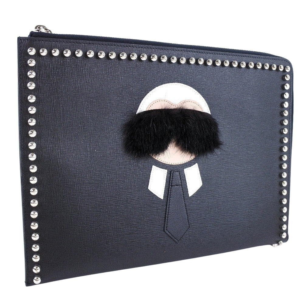 FENDI Clutch bag 8M0370 7MP F0V3X leather black Karl Lagerfeld Studs carlito flat clutch Women Used Authentic