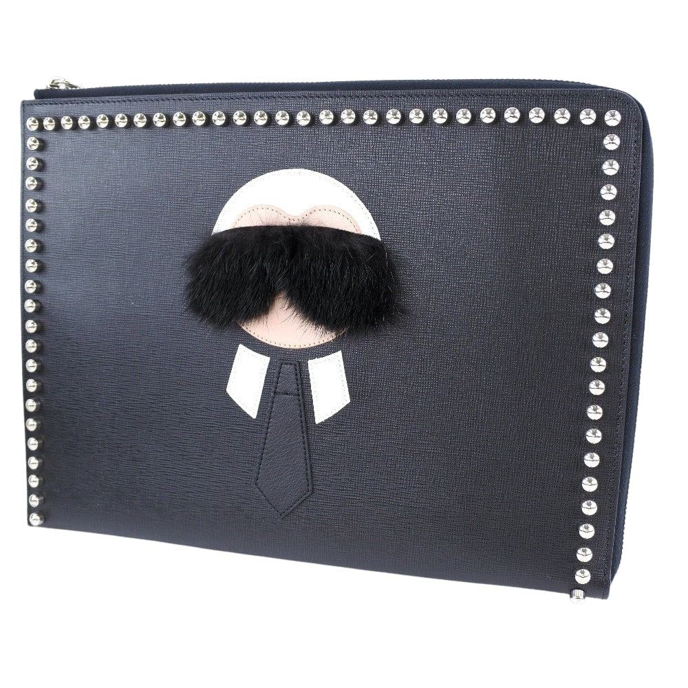 FENDI Clutch bag 8M0370 7MP F0V3X leather black Karl Lagerfeld Studs carlito flat clutch Women Used Authentic