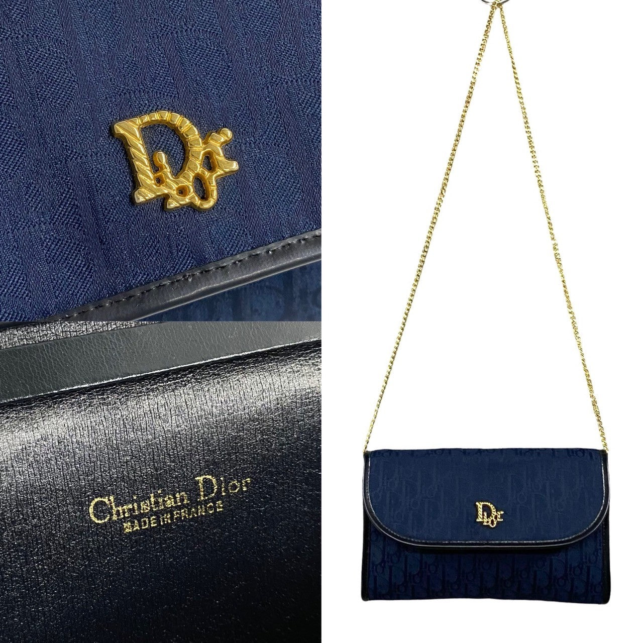 Dior Shoulder Bag Canvas, Leather Navy Trotter Pattern logo Metal Women Used Authentic