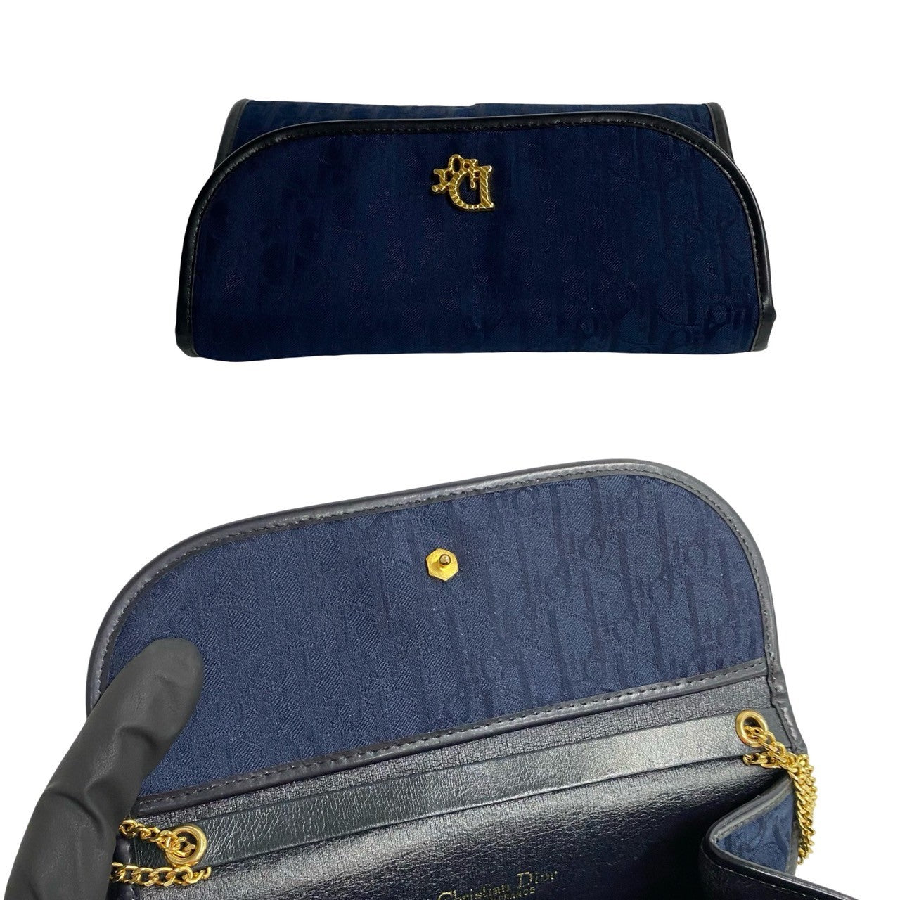Dior Shoulder Bag Canvas, Leather Navy Trotter Pattern logo Metal Women Used Authentic