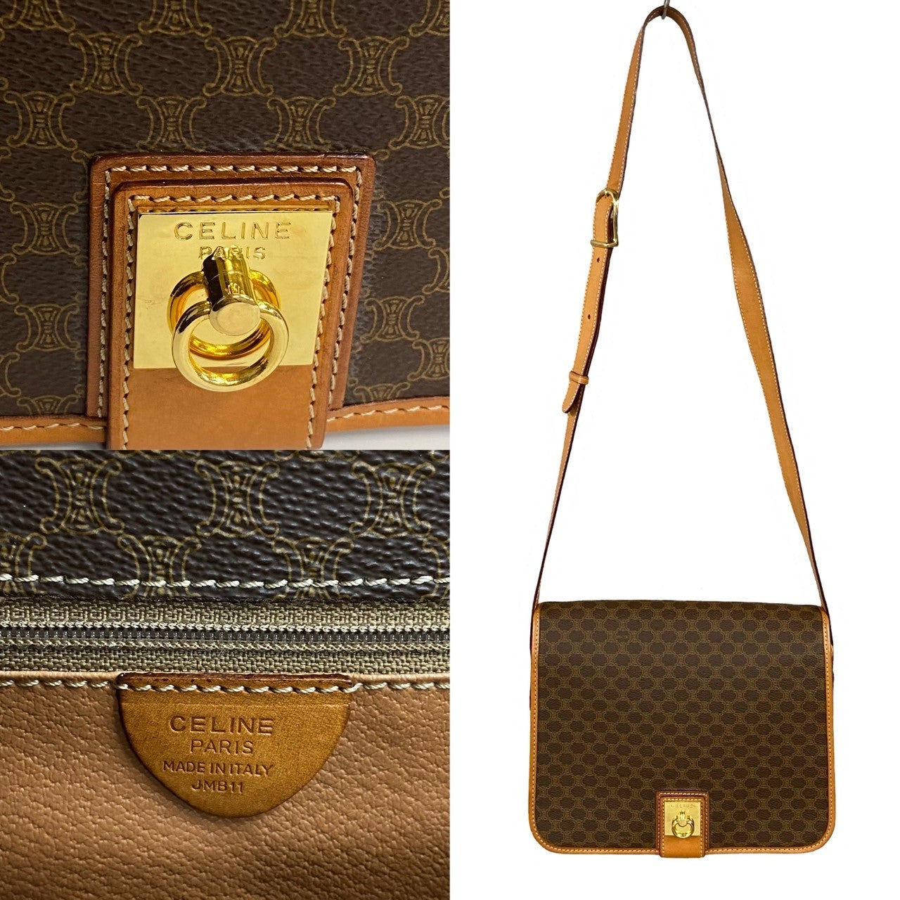 CELINE Shoulder Bag Leather, PVC Brown Macadam Blason Triomphe Pattern logo ring Metal mens(Unisex) Used Authentic