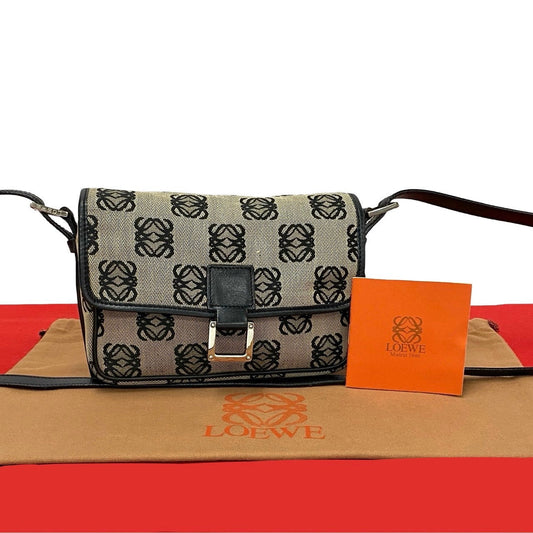 LOEWE Shoulder Bag Canvas, Leather black Anagram logo all-over pattern Women Used Authentic