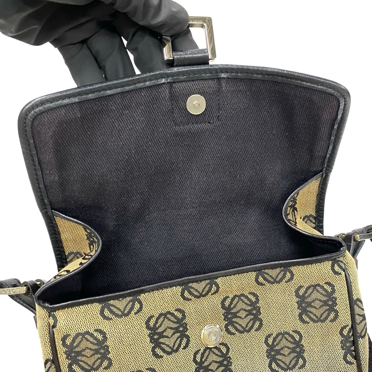 LOEWE Shoulder Bag Canvas, Leather black Anagram logo all-over pattern Women Used Authentic