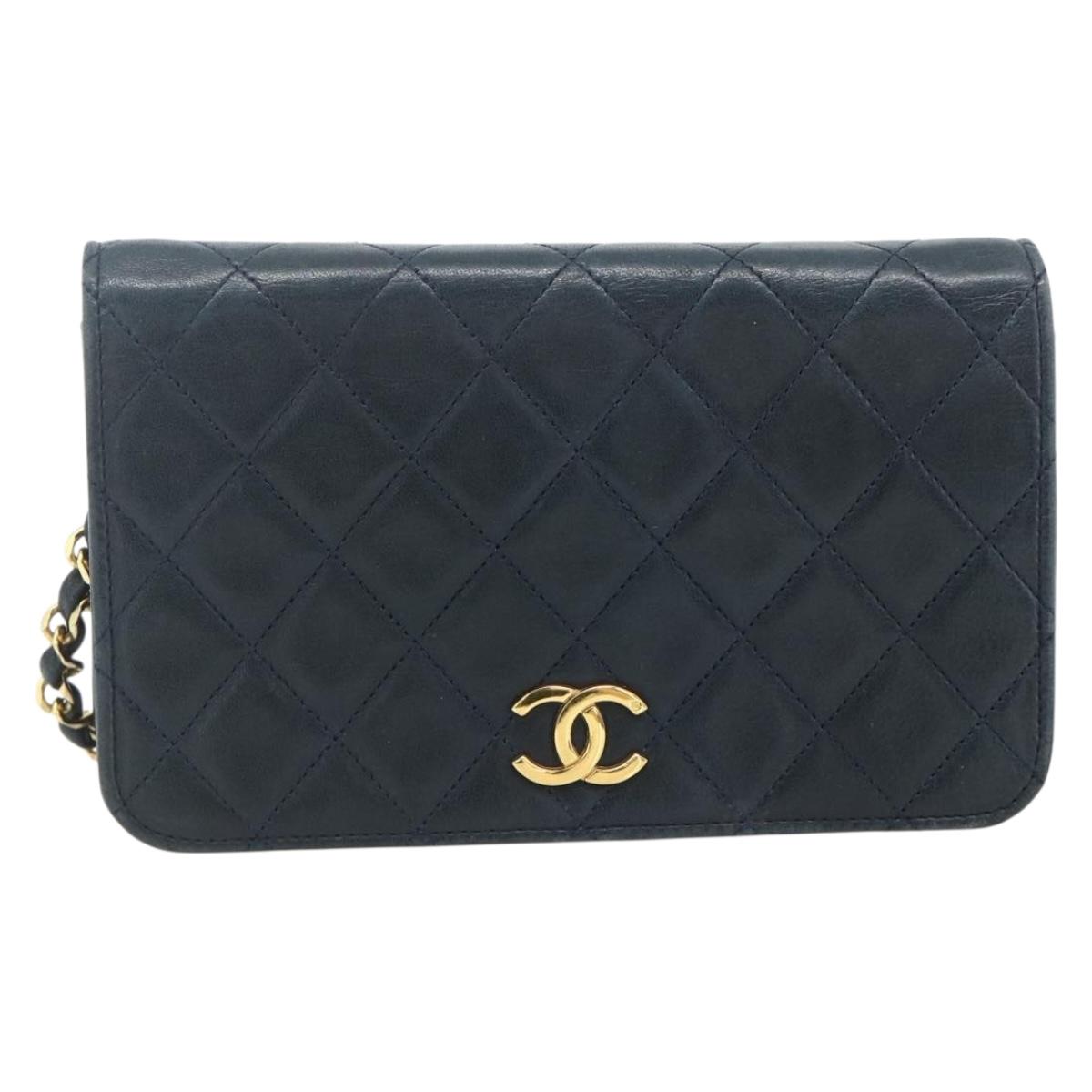 CHANEL Push Lock Chain Shoulder Bag Lambskin Navy Gold CC
