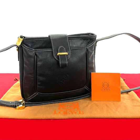 LOEWE Shoulder Bag leather Navy Anagram logo Women Used Authentic