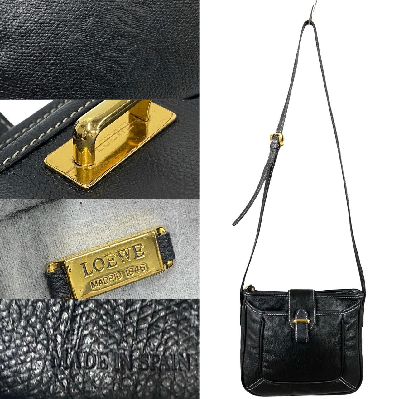 LOEWE Shoulder Bag leather Navy Anagram logo Women Used Authentic