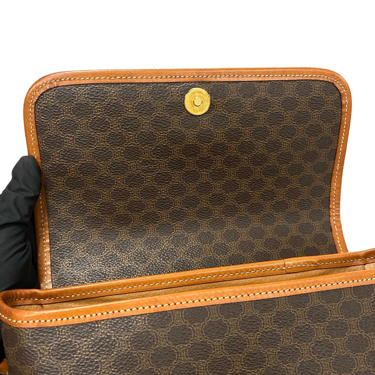CELINE Shoulder Bag Leather, PVC Brown Macadam Blason Pattern Women Used Authentic