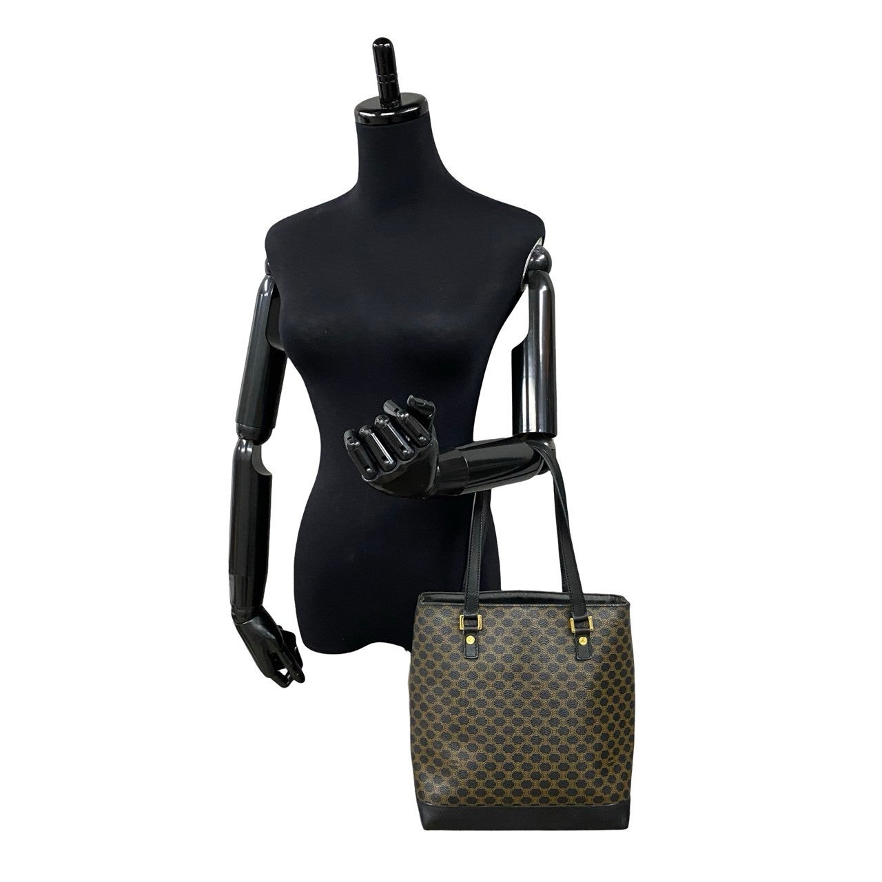 CELINE Tote Bag Leather, PVC black Macadam Blason Triomphe Pattern Women Used Authentic