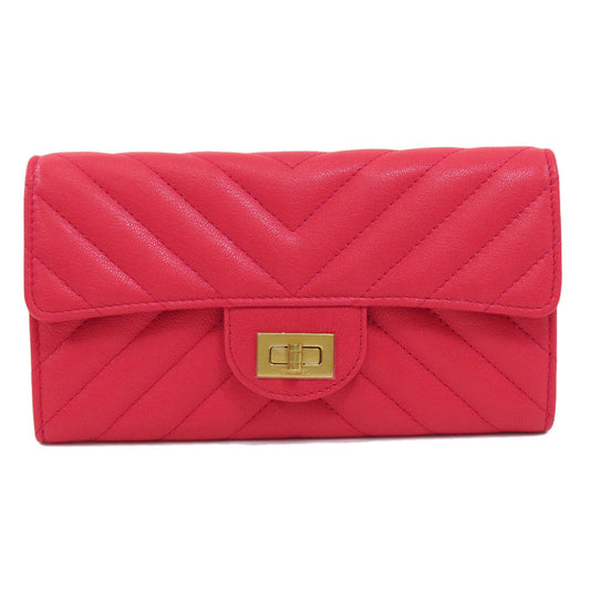 CHANEL Long Wallet Purse Calfskin pink Vstitch Women Used Authentic