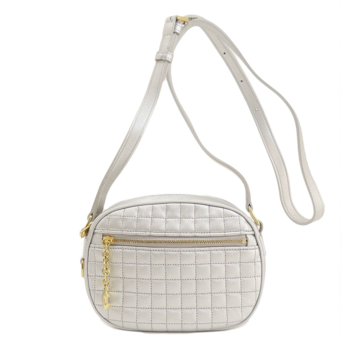 CELINE Shoulder Bag leather Silver Long shoulder Women Used Authentic