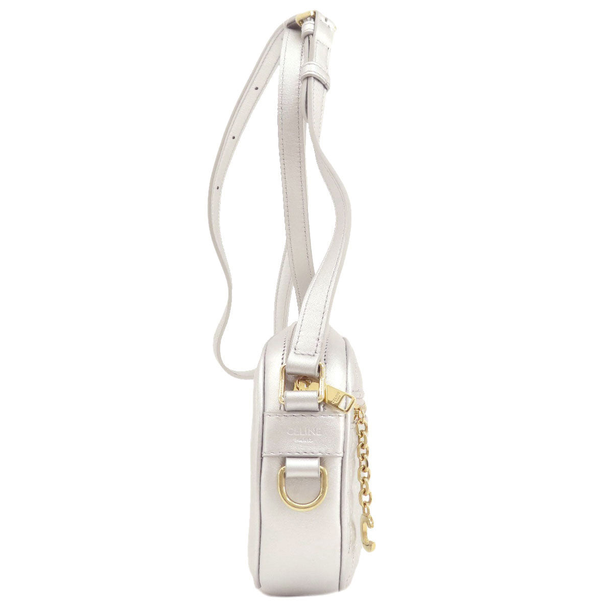 CELINE Shoulder Bag leather Silver Long shoulder Women Used Authentic