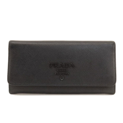 PRADA Long Wallet Purse leather black logo saffiano Women Used Authentic