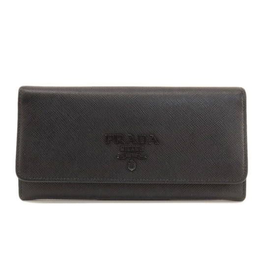 PRADA Long Wallet Purse leather black logo saffiano Women Used Authentic